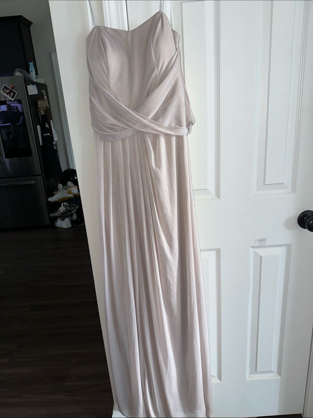 David's Bridal Strapless Blush-Champagne Evening Gown